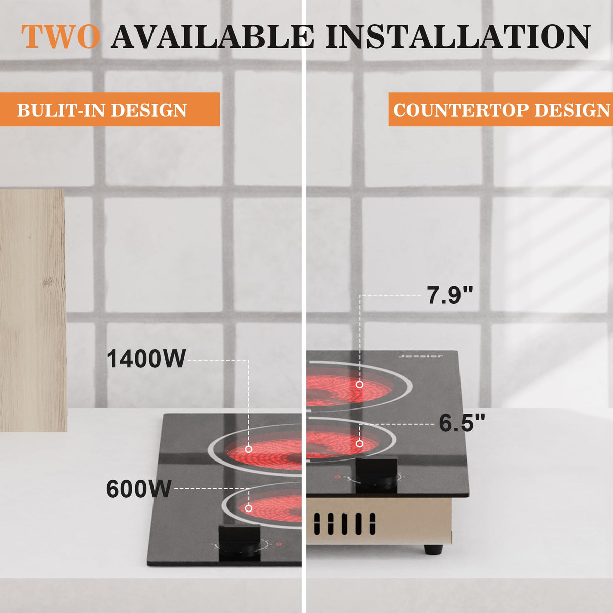Jessier 2 Burner Electric Cooktop - 12 Inch Plug in Portable 110V Electric Cook Top, Built-in & Countertop Ceramic Stove Top with Knob Control, 9 Power Levels and Overheat Protection Jessier