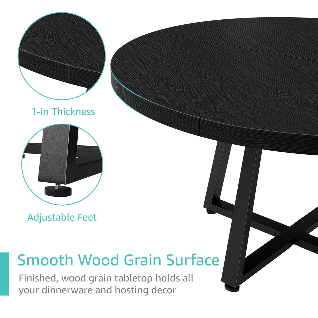 Black Round Dining Table for 6 - Modern Circle 51 Inch Large Room Kitchen Dinning Tables for 4 to 6 Person Seats Small Spaces Wood Dinner Mesa De Comedor Redonda NUTIKAS