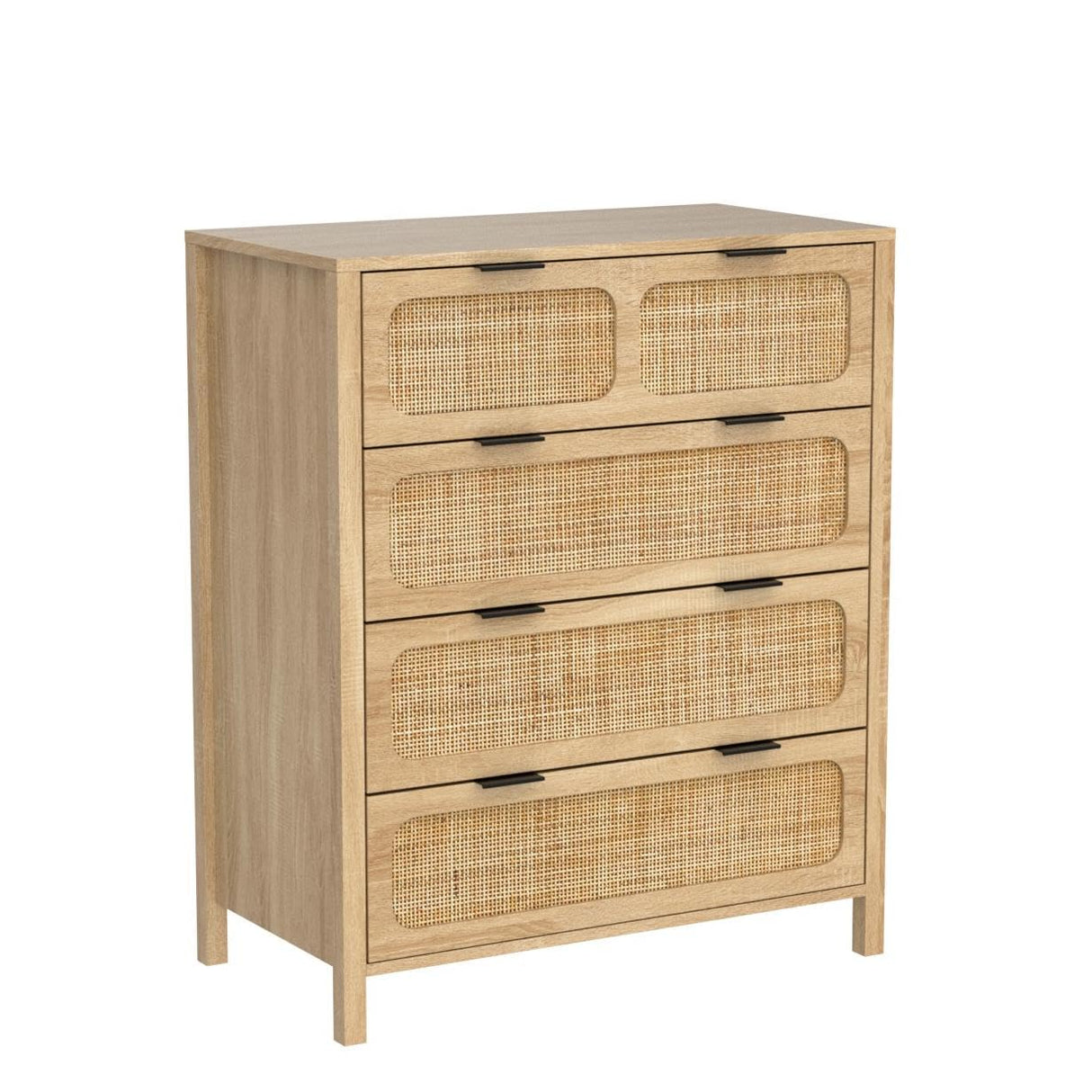 QEIUZON 4 Drawer Dresser, Modern Rattan Dresser Chest with Wide Drawers and Metal Handles, Farmhouse Wood Storage Chest of Drawers for Bedroom, Living Room, Hallway, Entryway (Natural-2 Packs) QEIUZON