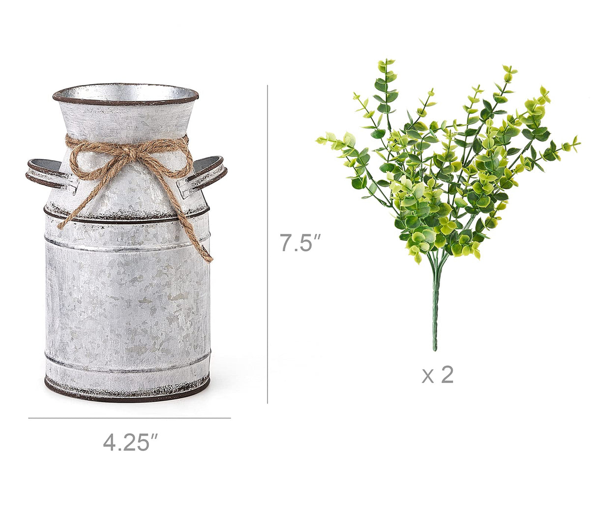 Dahey Metal Flower Vase with Artificial Eucalyptus Farmhouse Decor Rustic Shabby Chic Milk Can Galvanized Jug Planter Fake Plants in Decorative Tin Vase for Table Centerpieces Bedroom Kitchen Decor Dahey
