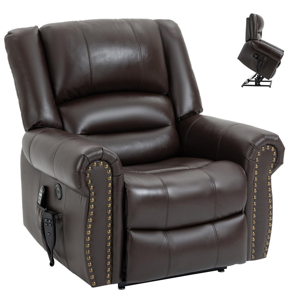 RHHVVR Dual Motor Power Lift Recliner Chair, Lay Flat Recliner Chair with Massage and Heat Remote Control for Adult Elderly, Large Electric Faux Leather Lift Chair, Extended Footrest, Brown RHHVVR