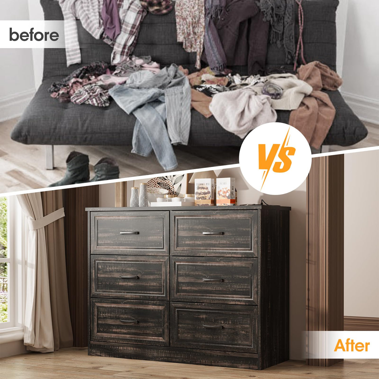 Fameill Dresser for Bedroom, 6 Drawer Wide Dressers Organizer with Charging Station for Hallway with Metal Handles, Dark Brown Fameill