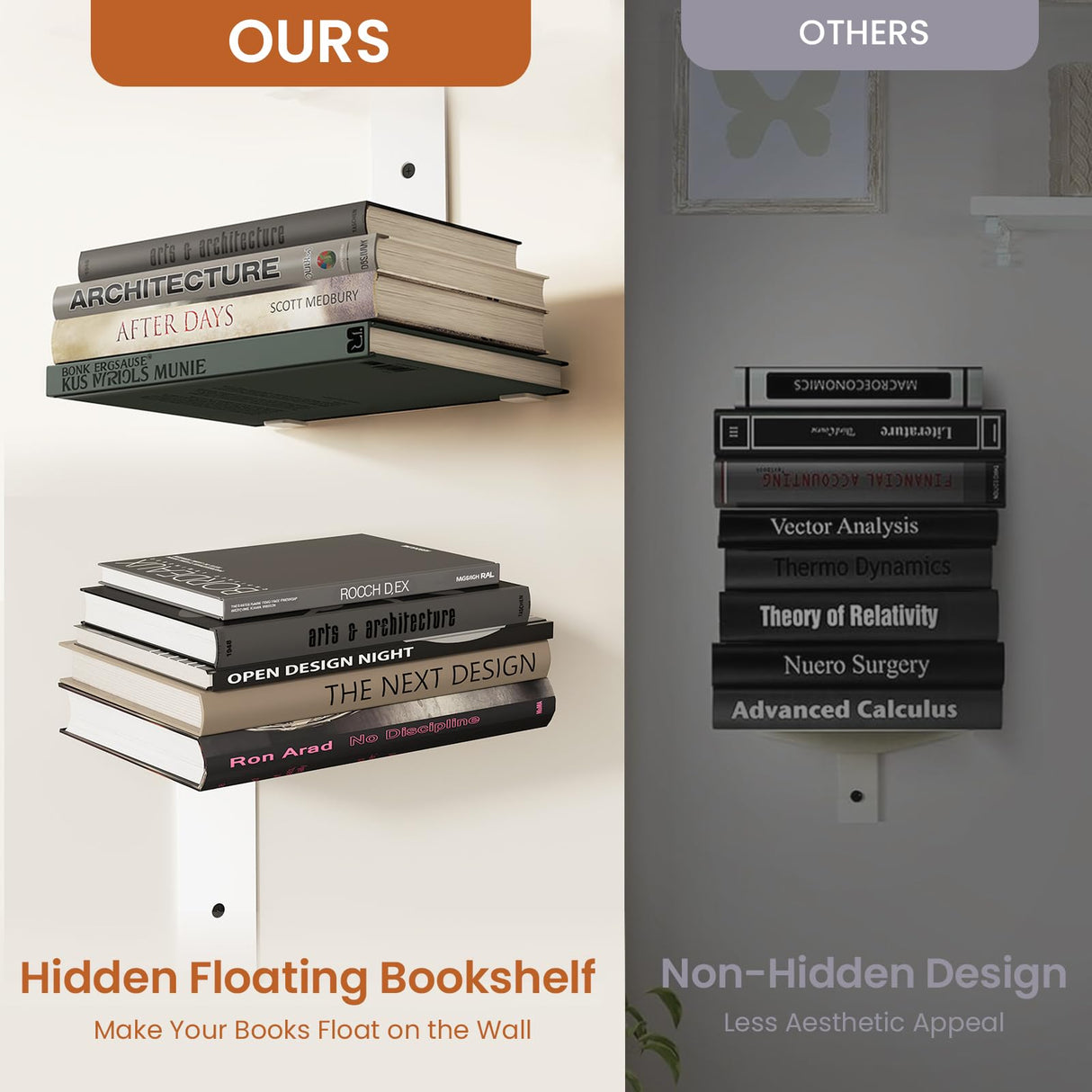 Floating Book Shelves for Wall, 6 Tier Invisible Bookshelves Heavy Duty Metal Loads 90LBS, Vertical Spine Book Tower Hanging Bookshelves, Shelves for Room Wall Mounted, 3 Pack White Wawocs