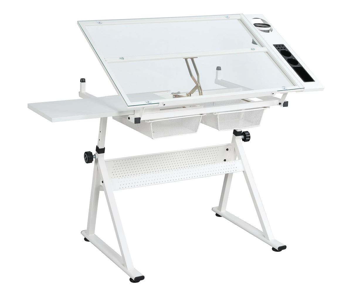 ALYIAMXL Drafting Table w/Stool, Painting Table Art Craft Desk Crafting Table with Tilting Tempered Glass Top, 2 Storage Drawers, Height Adjustable (White) ALYIAMXL