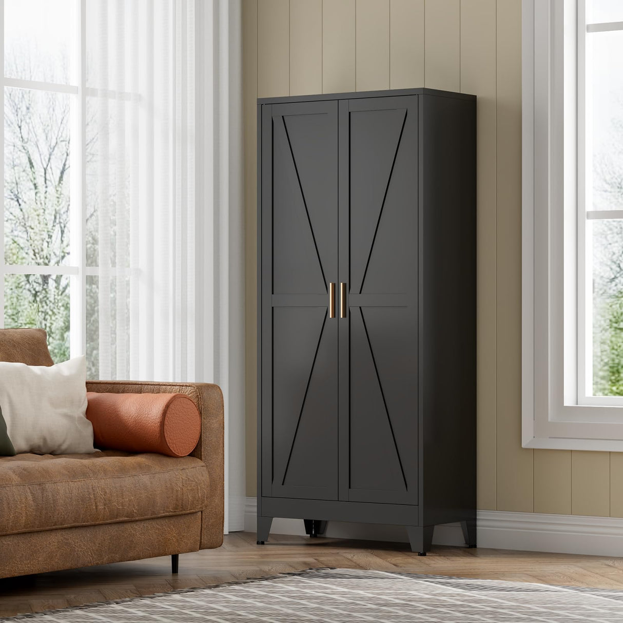 COFaR Black Farmhouse Storage Kitchen Pantry Cabinet with 2 Barn Door, 4 Adjustable Shelves and Legs, for Cupboard/Dining Room/Bathroom/Living Room/Office/Laundry Room (Black, 71" Farmhouse) COFaR