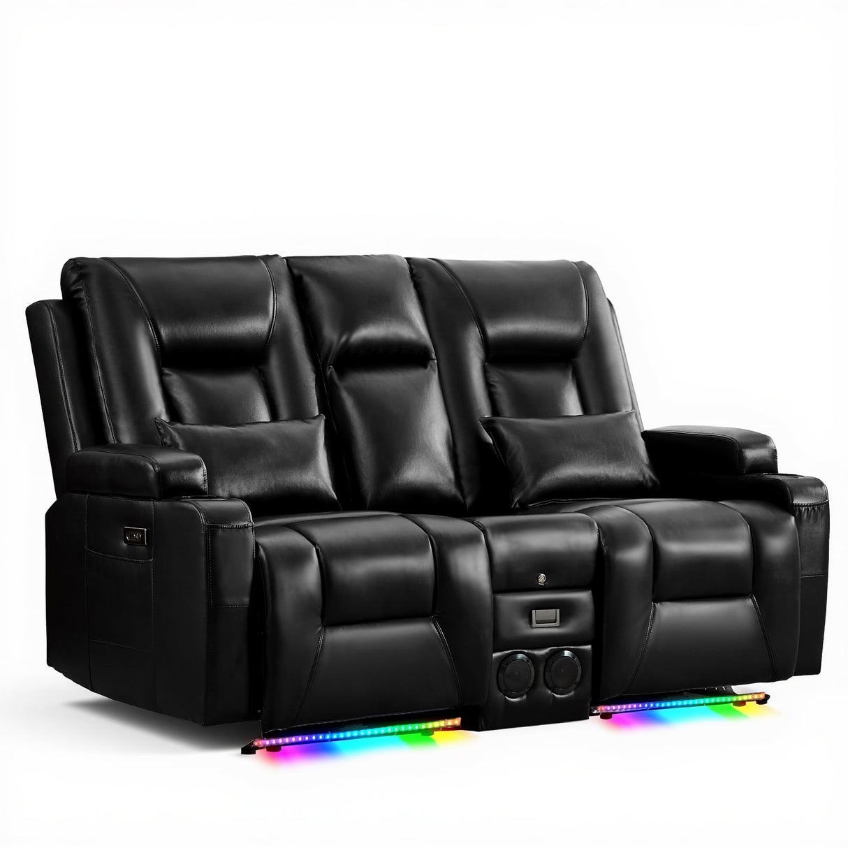 URRED Power Loveseat Recliner Sofa with Flipped Backrest Console, Wall Hugger RV Reclining Loveseat Sofa Couch with LED Light/Bluetooth Speakers/USB/Outlets/Cup Holders/Pillow/Side Pocket, Black URRED