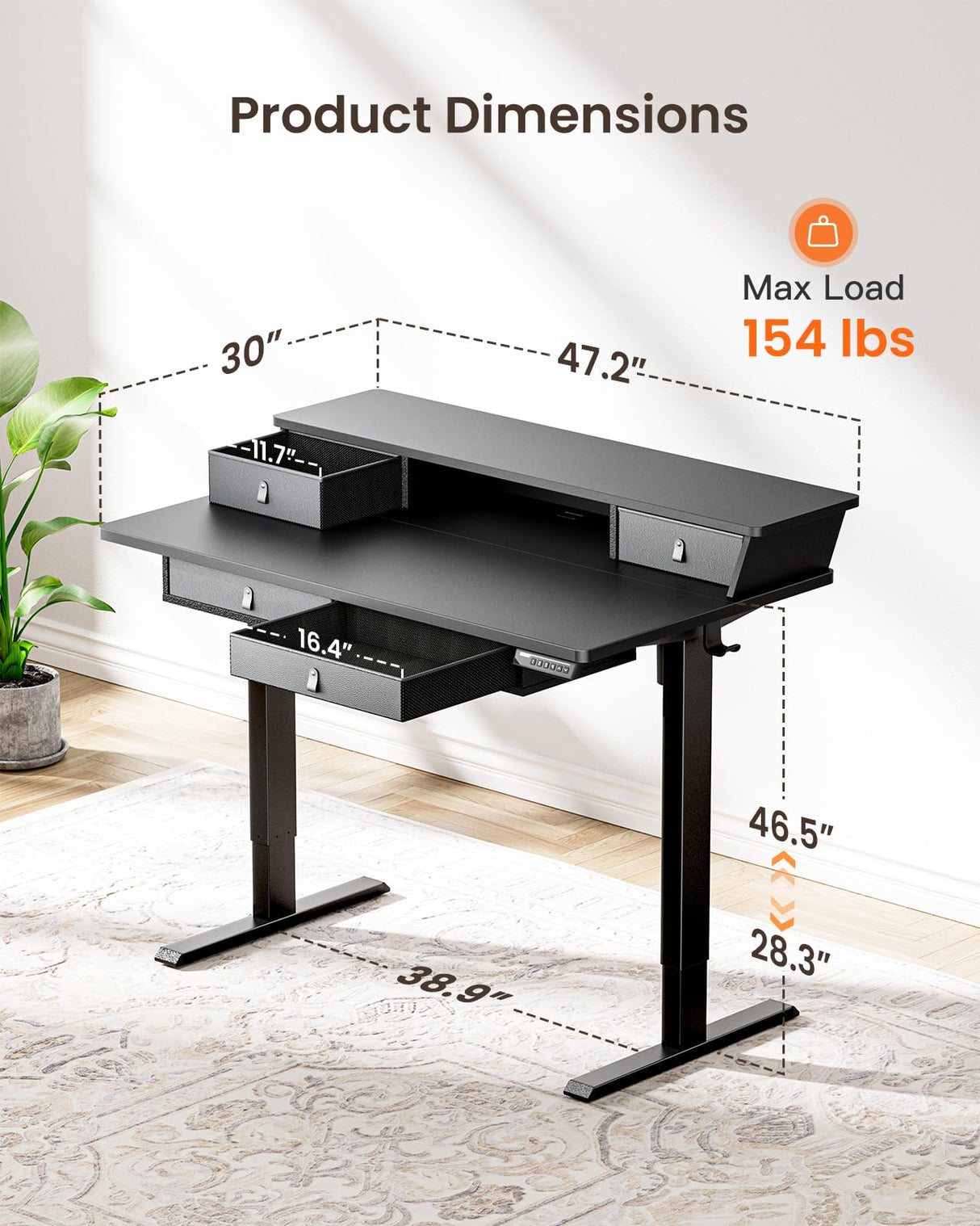 ErGear Electric Standing Desk with Drawers, 48" x 30" Height Adjustable Desk with Storage, 4 Memory Preset Computer Home Office Desk with Cable Management Tray, Black ErGear