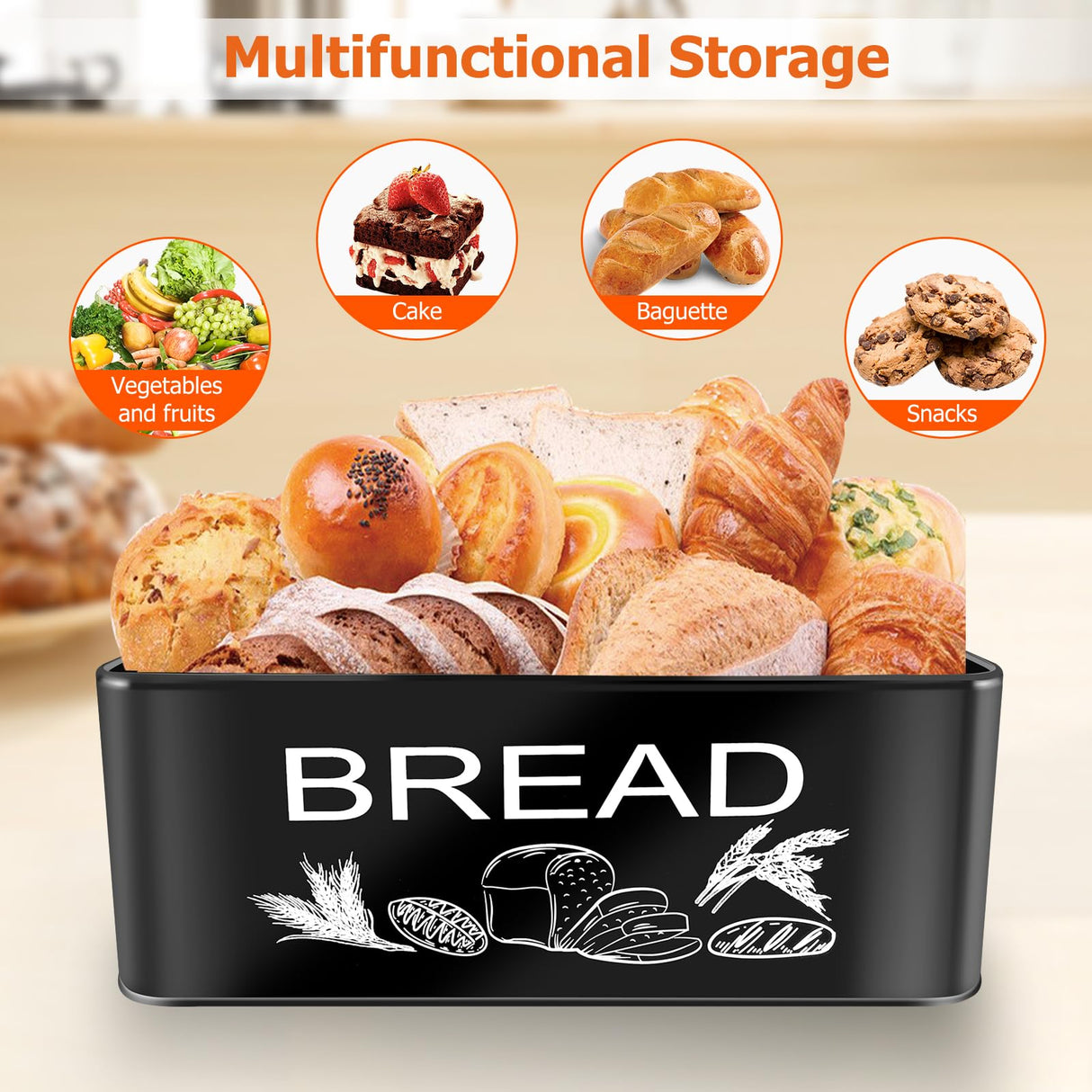 JIGUOOR Black Bread Box, Large Space Saving Vertical Metal Bread Box with Wooden Cutting Board Lid, Holds 2+ Loaves, Farmhouse Bread Bins for Kitchen Bread Storage,Kitchen Parts Box JIGUOOR