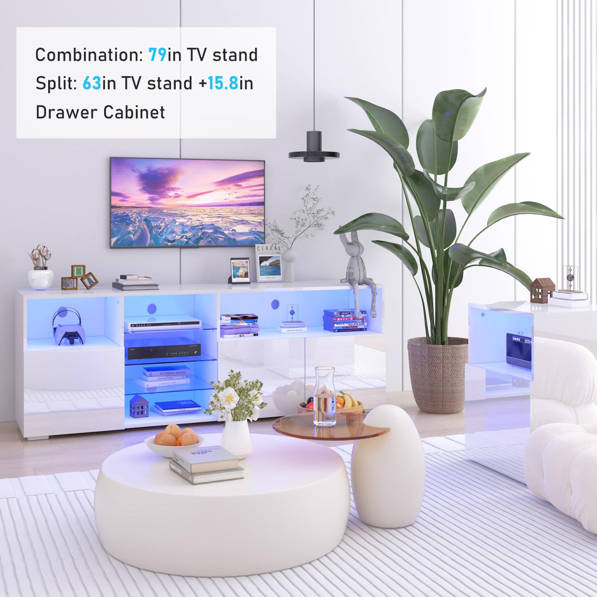 Hlivelood LED TV Stand for 85/75/65 Inch TV, High Glossy Modern TV Console Entertainment Center with Storage and LED Lights for Living Room, Bedroom, White Hlivelood