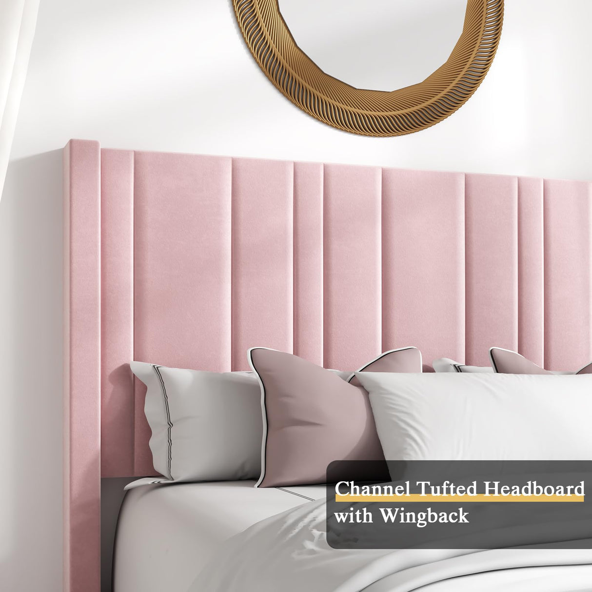 HOMBCK Full Size Bed Frame, Pink Bed Frame Full with Vertical Channel Tufted Headboard, Soft Bed Frame, Velvet Upholstered Bed Frame with 22" Footboard, Mattress Foundation, Easy Assembly, Pink HOMBCK