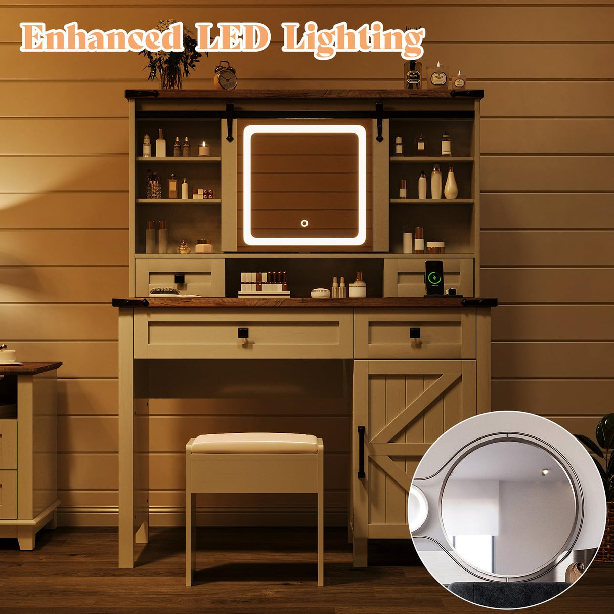 AMERLIFE 42'' Farmhouse Makeup Vanity Desk with Sliding Mirror and Lights, Glass Tabletop Vanity Table with 2 Drawers & Shelves for Bedroom(NO Bench), Antique White AMERLIFE