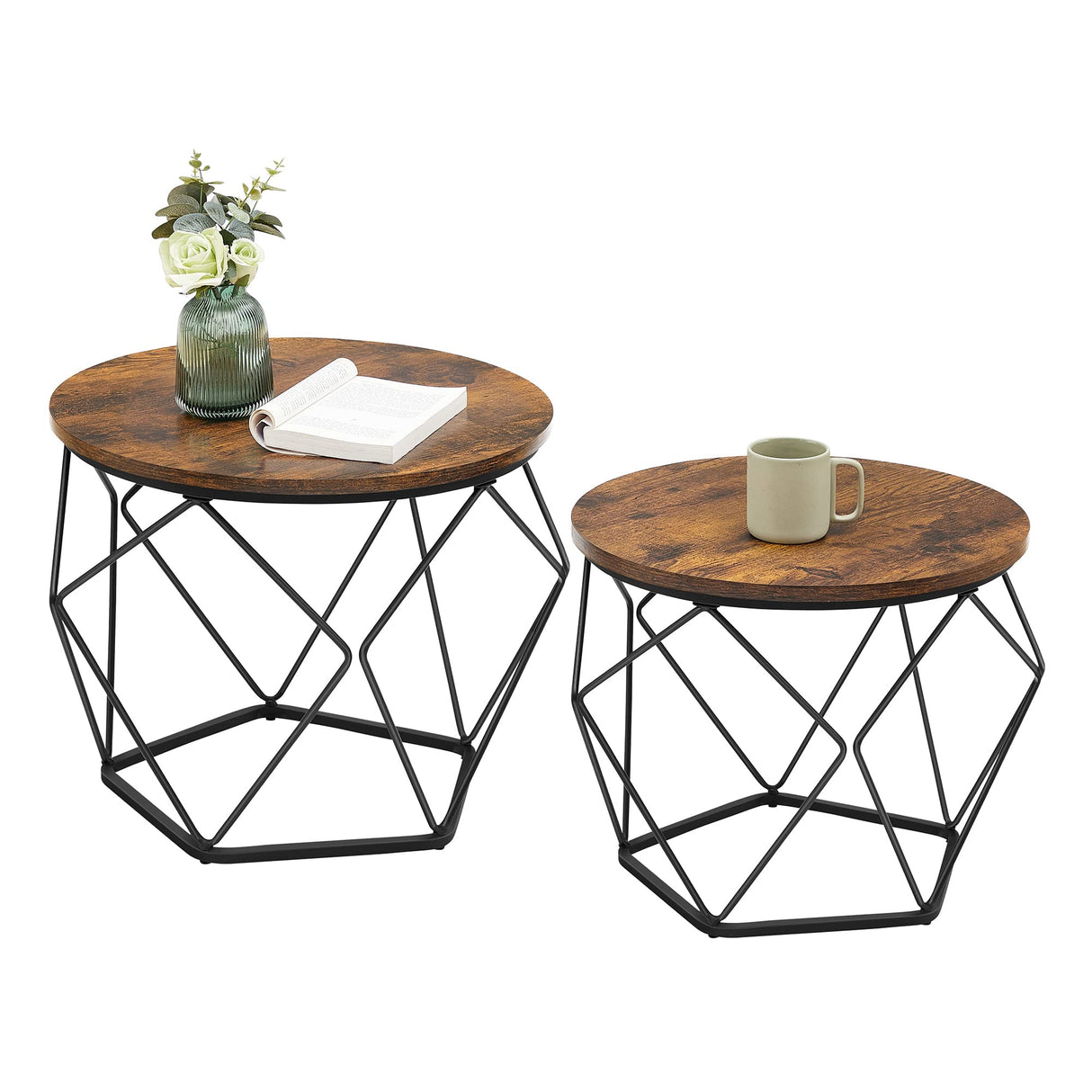 VASAGLE Small Coffee Table Set of 2, Round Coffee Table with Steel Frame, Side End Table for Living Room, Bedroom, Office, Rustic Brown and Ink Black VASAGLE
