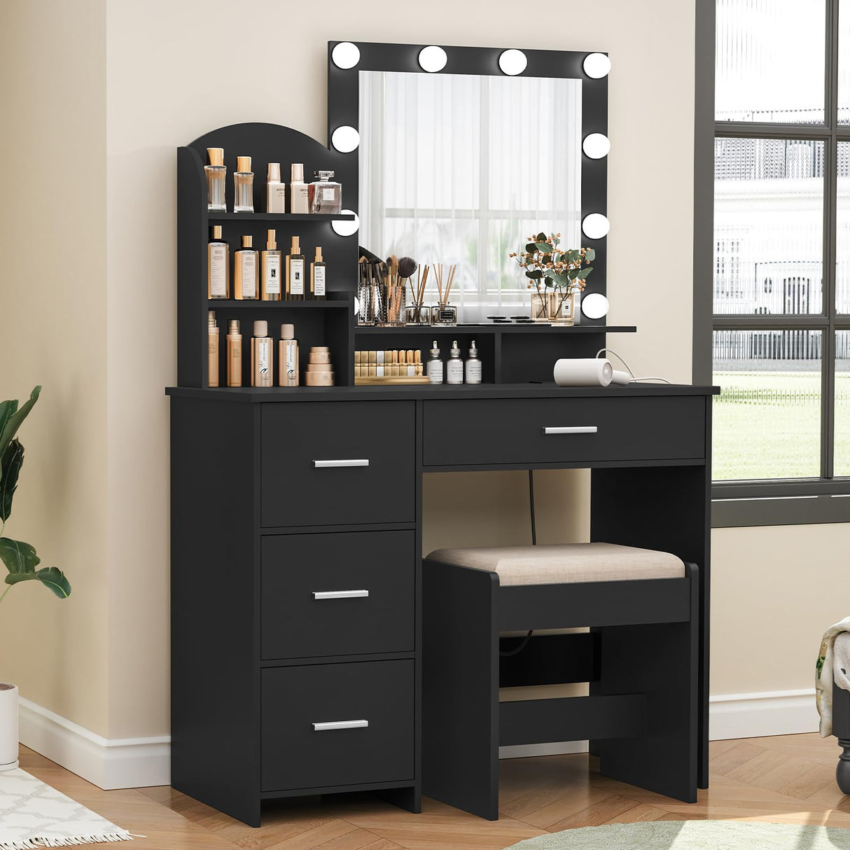 Quimoo Vanity Desk with Mirror and 10 LED Lights, Makeup Vanity with Charging Station and 4 Drawers Chest & Shelves, Vanity Set, Vanity Table with Cushioned Stool, for Bedroom, Black Quimoo