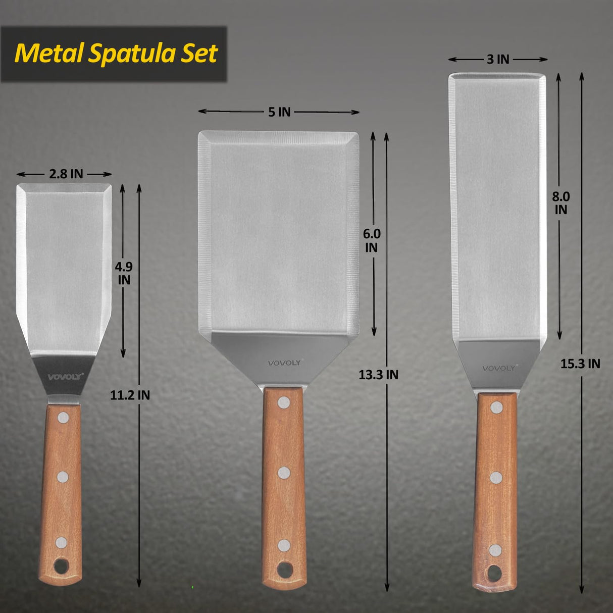 Stainless Steel Spatula Set, Grill Spatula Set with Full Tang Handle & Beveled Edges, Long Wide Spatula for Cast Iron Griddle BBQ Flat Top Grill, Pancake Spatula, Smash Burgers Metal Spatula Vovoly