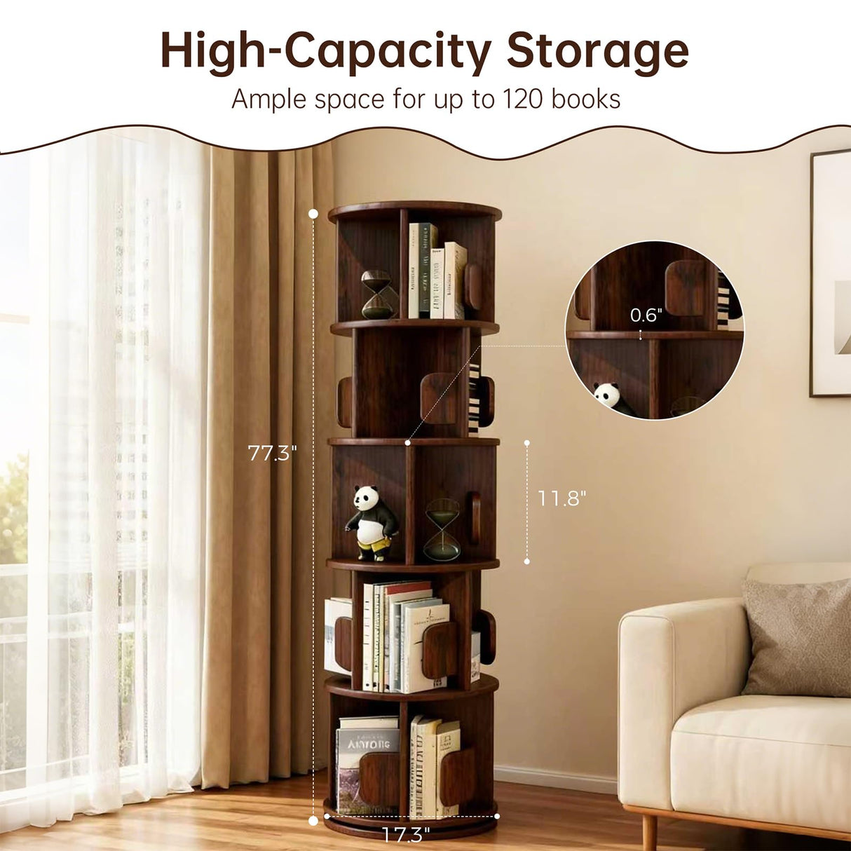 Solid Wood Rotating Bookshelf on Wheels, 5 Tier, Round Revolving Bookcase, 360° Spinning Book Shelf Tower for Kids,Narrow Storage Organizer for Bedroom, Living Room, WoodArtSupply