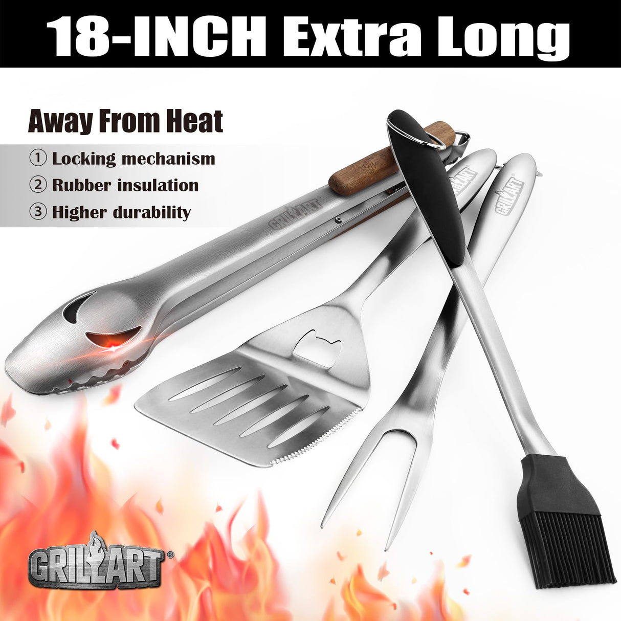 GRILLART BBQ Tools Grill Tools Set -18Inch Grilling Tools BBQ Set - Grill Accessories w/BBQ Tongs, Spatula, Fork, Brush- Stainless Grill Kit Grilling Set - Gift Ideas BBQ Accessories Gifts for Men Dad GRILLART