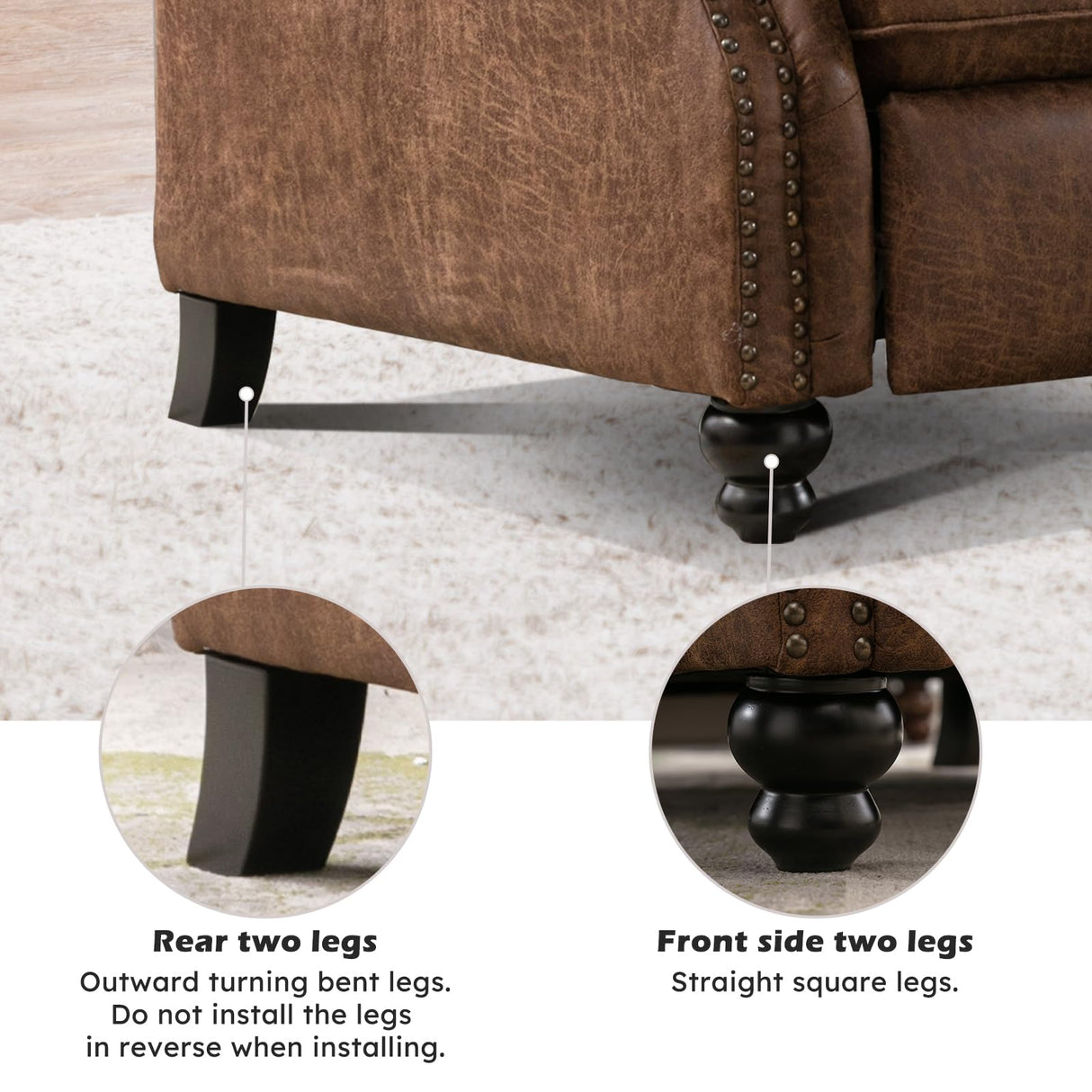 IOMOR Push Back Recliner Chair Faux Leather Lounge Armchair with Rivet Decoration Wingback Single Sofa Chair with Padded Seat Solid Wood Legs for Living Room, Chocolate IOMOR