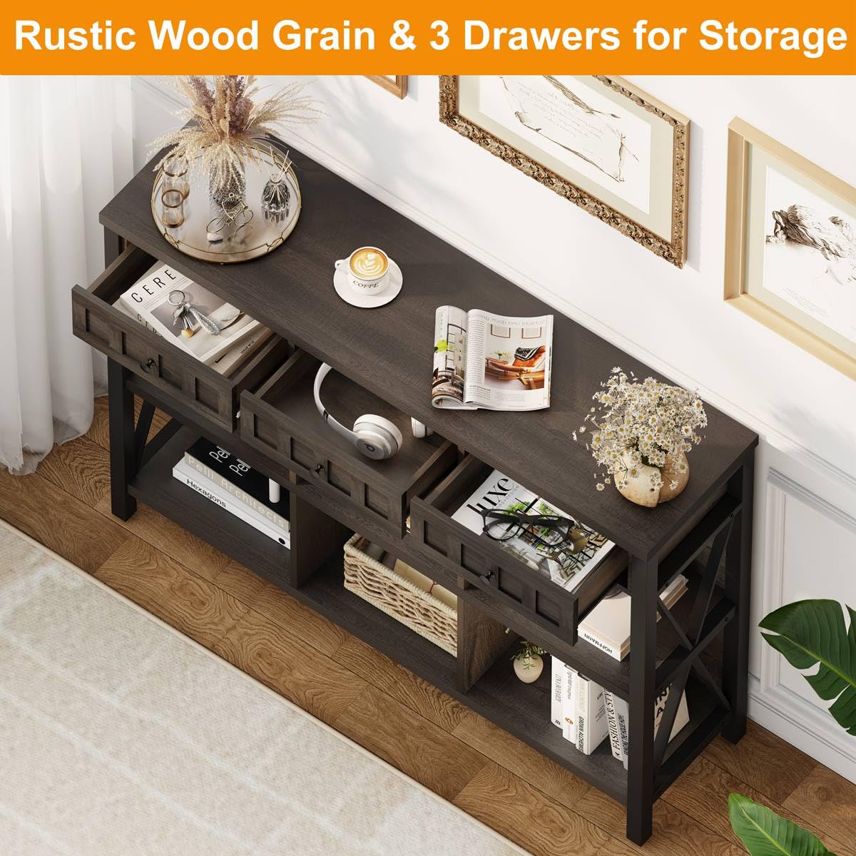 FATORRI Rustic 6 Cube Storage Organizer Bookshelf with 3 Drawers, Short Low Horizontal Bookshelf for Living Room, Industrial Wood and Metal Cubby Bookcase for Home Office (Walnut Brown, 47 Inch) FATORRI