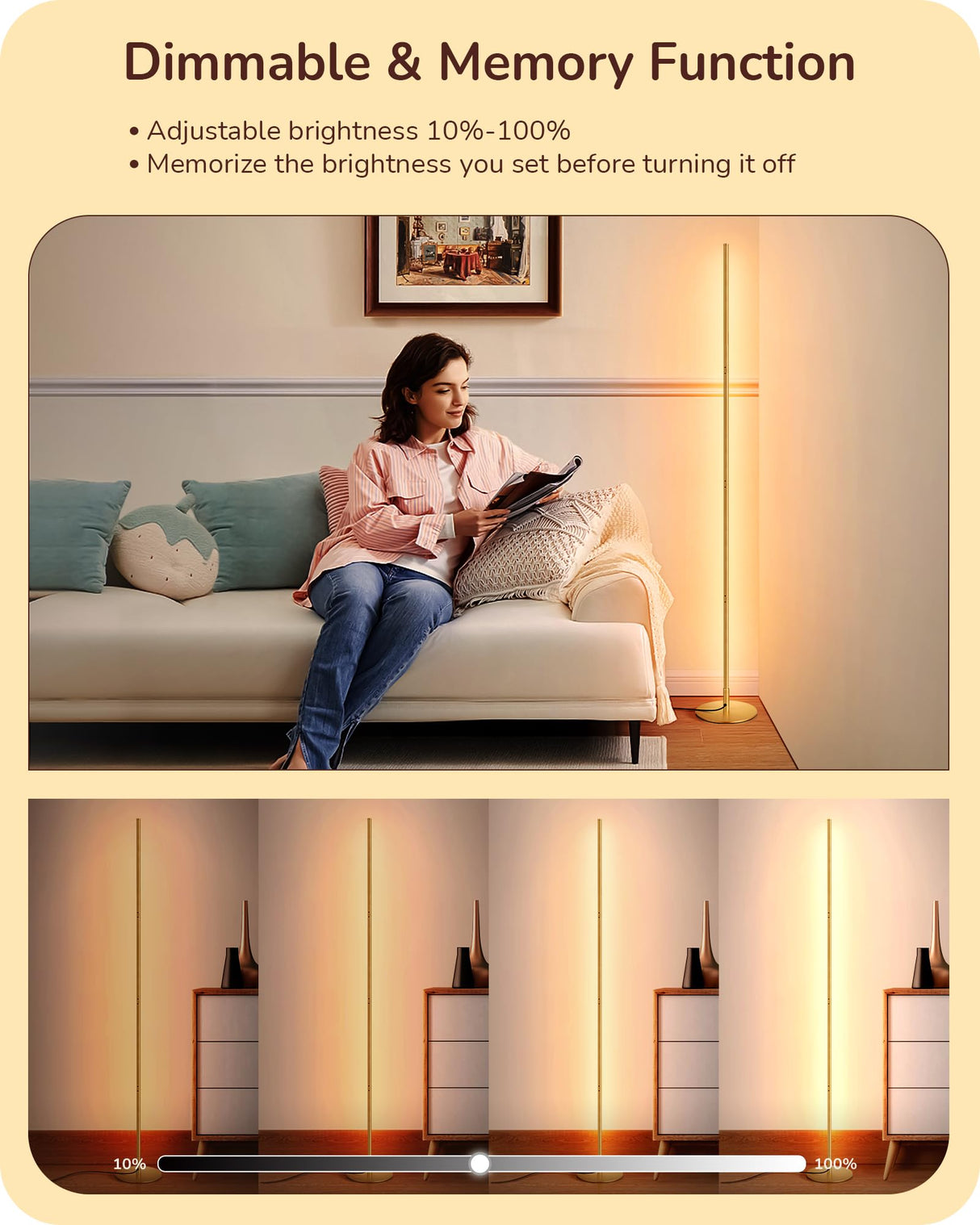 EDISHINE LED Corner Floor Lamp, Modern Slim Dimmable Light, Adjustable Height, 57.5" Minimalist Tall Lamp for Living Room, Bedroom, Office, 3000K Warm White Light (Gold) EDISHINE