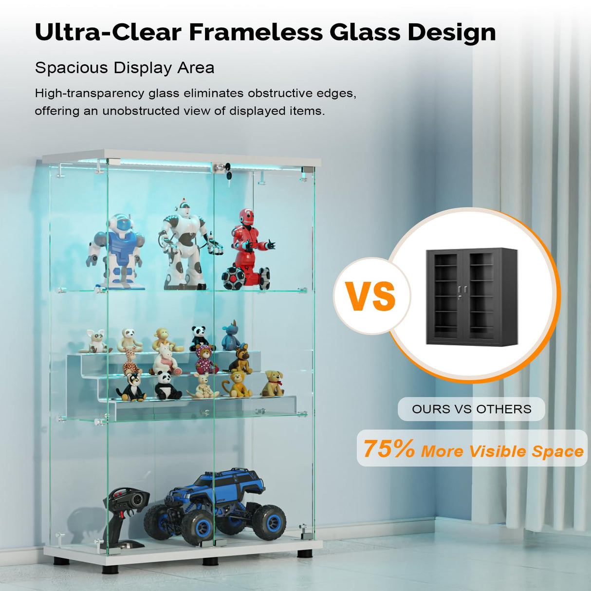 VINGLI Glass Display Cabinet with 3 Shelves, Double Doors and Lock, Floor Standing Curio Cabinets with LED Light, Upgraded Tempered Glass Bookshelf, for Living Room Living Room Bedroom Office, White VINGLI