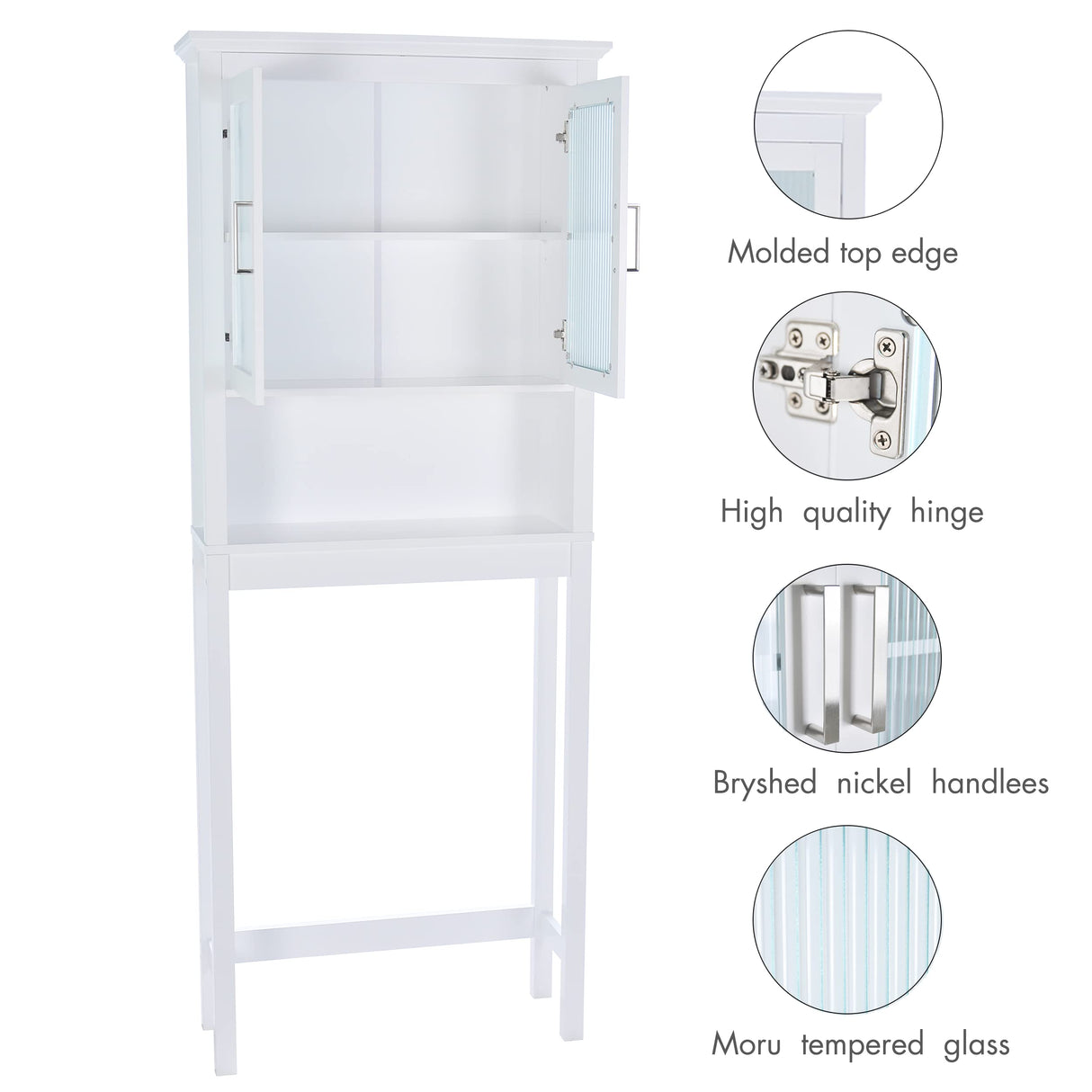 Spirich Over The Toilet Cabinet for Bathroom Storage, Above Toilet Storage Cabinet with Moru Tempered Glass Doors, White Spirich