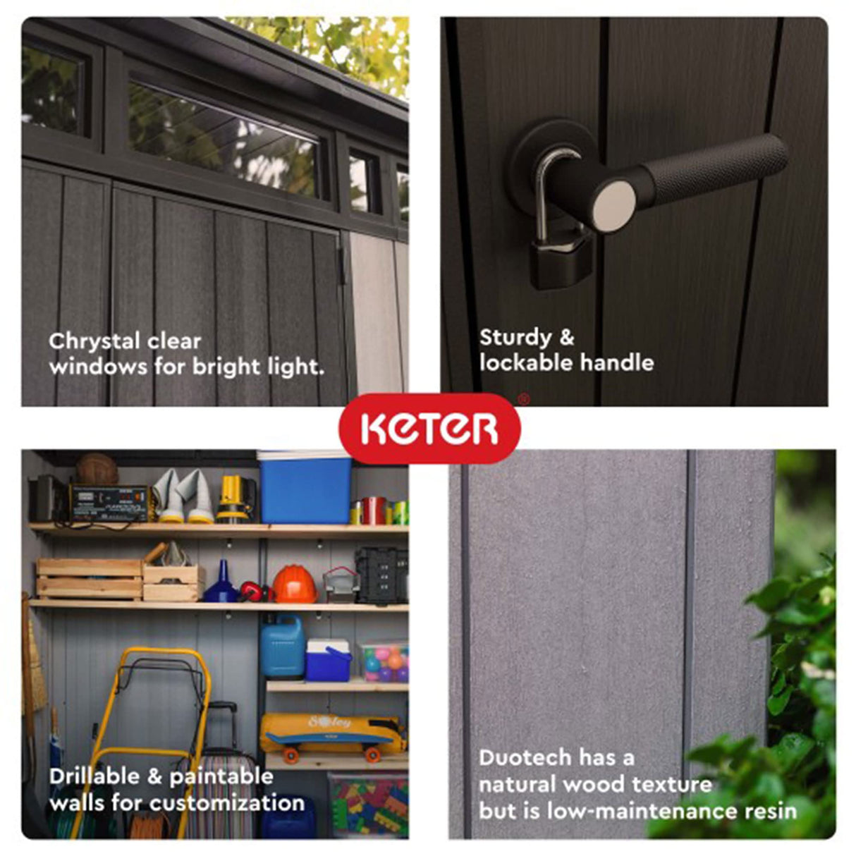 Keter Artisan 9 x 7 Foot Large Modern Design Outdoor Shed Durable Resin Backyard Furniture for Lawn Equipment, Bikes, and Gardening Tools, Gray/Black Keter