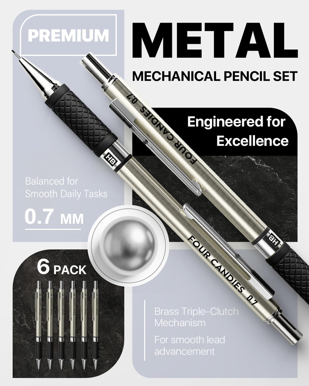 Four Candies Metal Mechanical Pencil Set - 6PCS 0.7mm Art Mechanical Pencils & 360PCS HB Lead Refills & 3PCS Erasers & 9PCS Eraser Refills, Drawing Mechanical Pencils for Writing, Sketching/With Case Four Candies