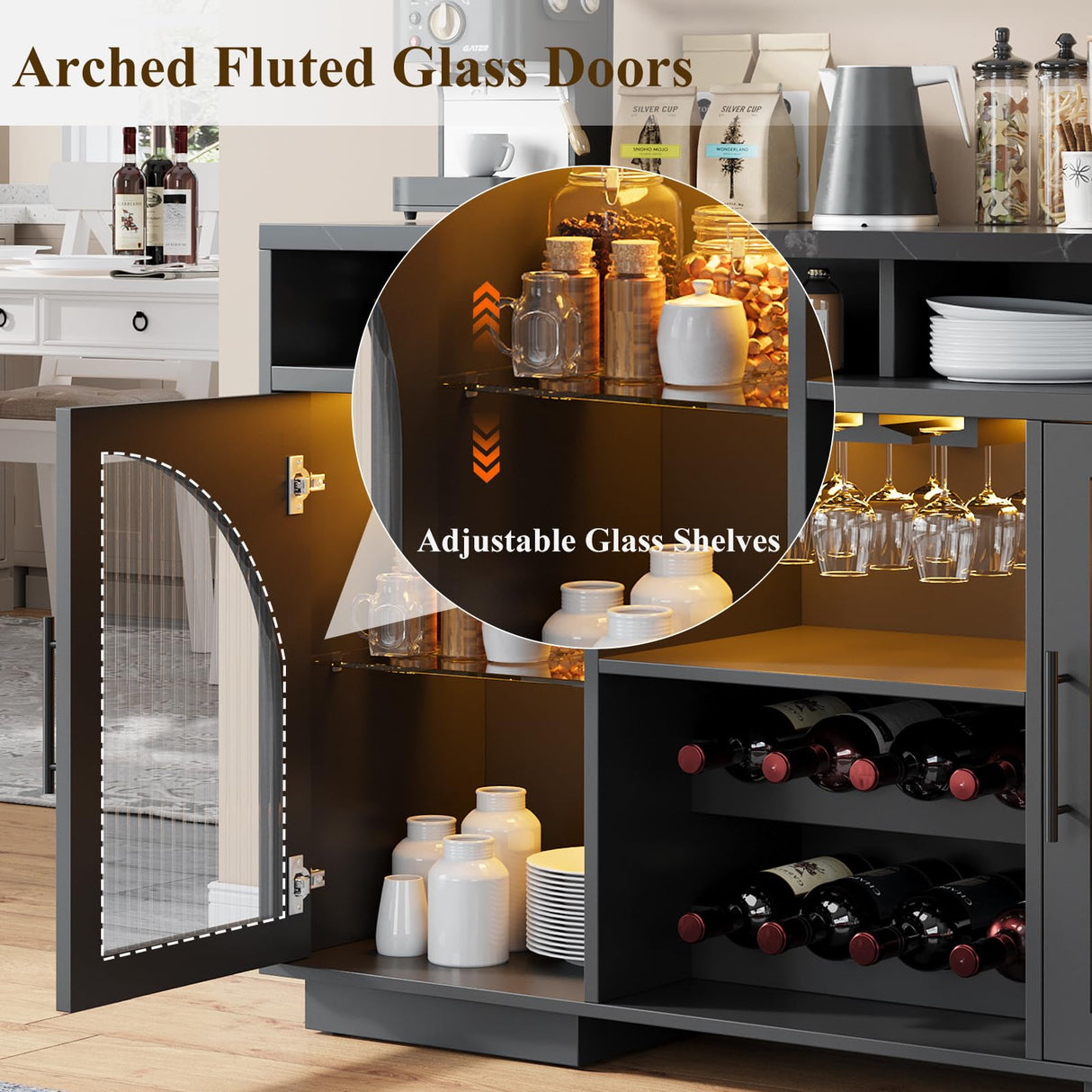 SOLACE FURNITURE Sideboard Buffet Cabinet, 54" Kitchen Cabinet with LED Lights & Arched Glass Doors, Tall Bar Cabinets with 2 Adjustable Shelves, Wine Rack & Storage Table for Dining Room, Black SOLACE FURNITURE