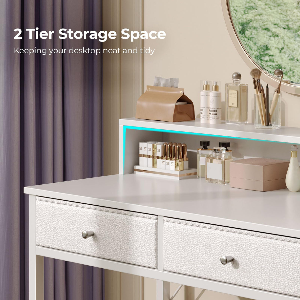 Seventable Vanity Desk without Mirror, Makeup Vanity with Drawers and Charging Station, Small Desk with Storage for Bedroom, Simple Home Office Computer Desk for Small Spaces, White Seventable