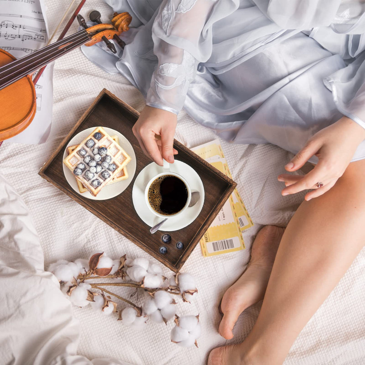 TOPZEA 3 Pack Rustic Wood Serving Tray with Handle, Farmhouse Wooden Coffee Table Tray Rectangular Kitchen Food Breakfast Tray Decorative Ottoman Tray for Coffee, Tea, Table Centerpieces Decor TOPZEA