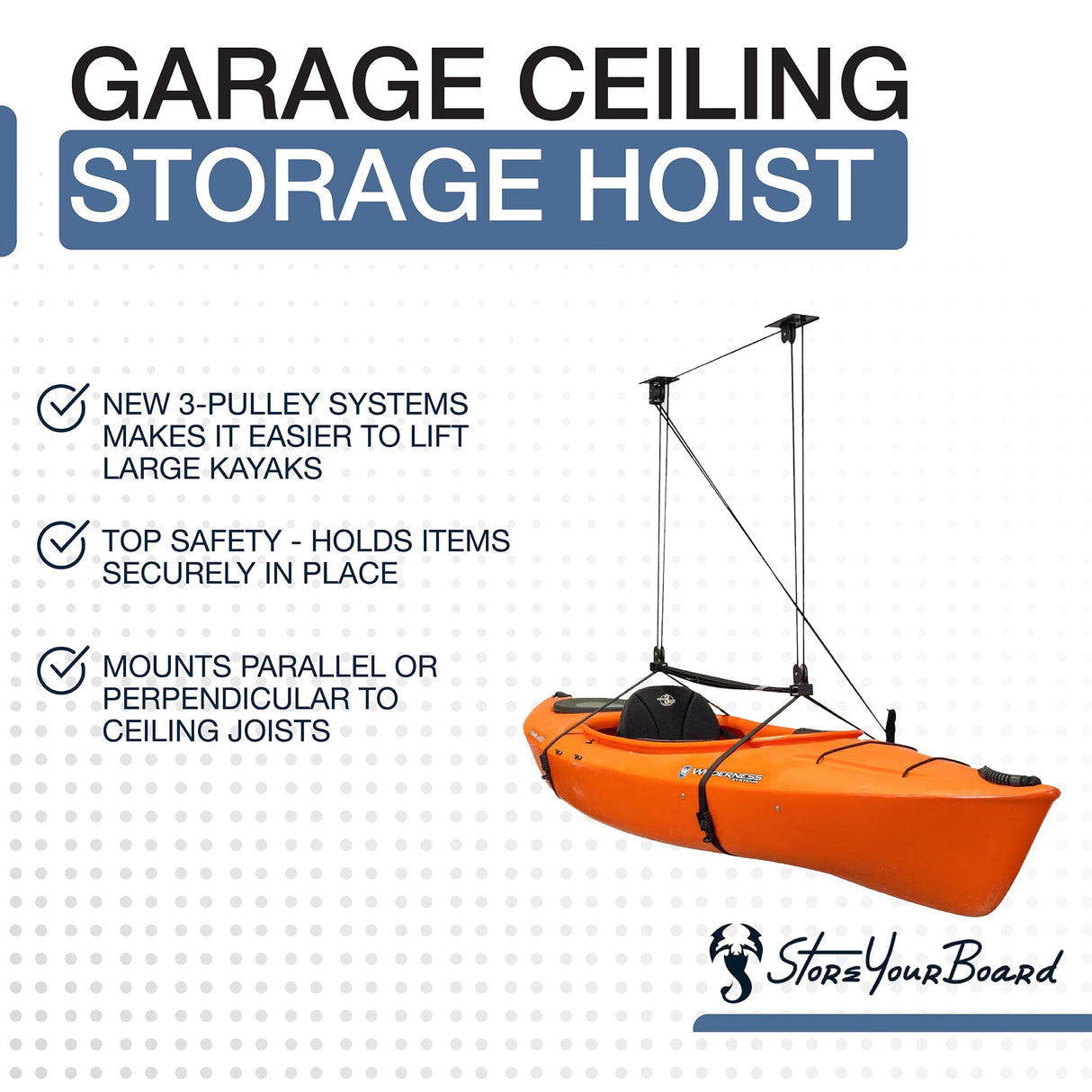 StoreYourBoard Kayak and Canoe Ceiling Hoist – Overhead Garage Storage Rack for Kayaks, Canoes, and Paddle Gear – Heavy Duty Pulley System Indoor Ceiling Mount – Holds 150 lbs, 10 to 14 ft High Spaces StoreYourBoard
