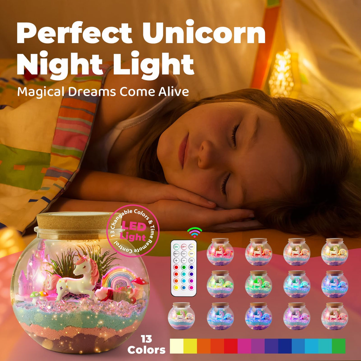 JOYEEMAX Unicorn Light-Up Terrarium Kit for Kids - LED Night Light Birthday Gift for Girls Ages 4 5 6 7 8-12 Year Old - Unicorn Toys for Girls - DIY Arts and Crafts Kit for Kids - Best Girls Presents JOYEEMAX