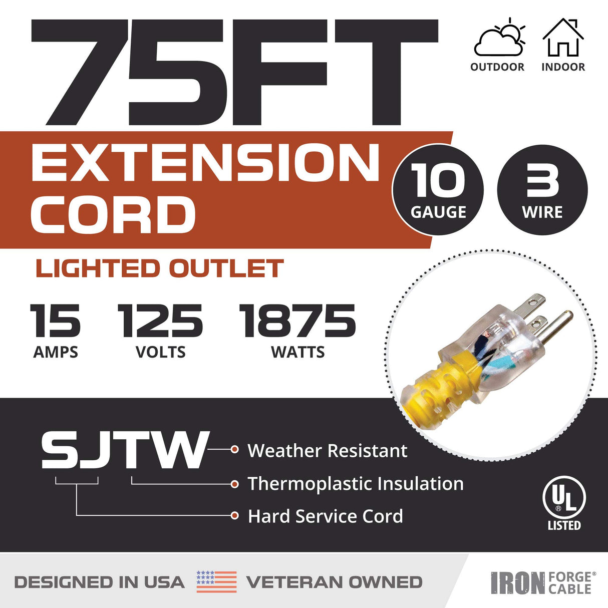 Iron Forge Cable 10 Gauge Extension Cord 75 ft, 10/3 Heavy Duty Extension Cord Outdoor 3 Prong, Weatherproof Yellow Power Cable 15 AMP Great for Major Appliances, US Veteran Owned IRON FORGE CABLE