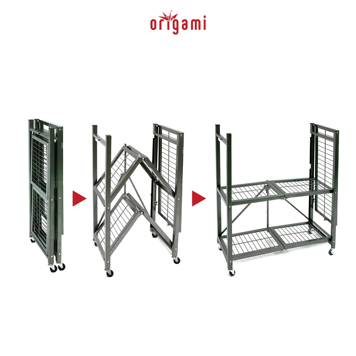 Origami 3 Tier Folding Shelves, Storage Shelving Rack Unit With Wheels, Pewter Origami