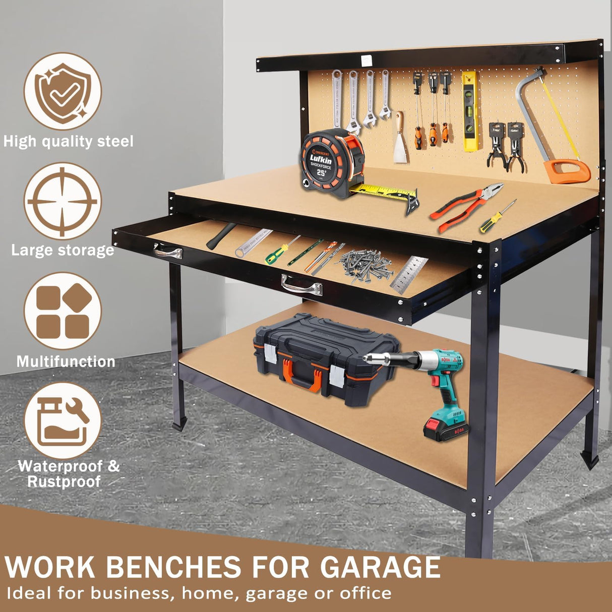 SPOWAY 55'' Garage Workbench, 300 Lbs Load Capacity Heavy Duty Work Bench, Workbench with Pegboard Drawer Backplate Metal Frame Wood Top Workbench for Workshop Office Home Garage SPOWAY