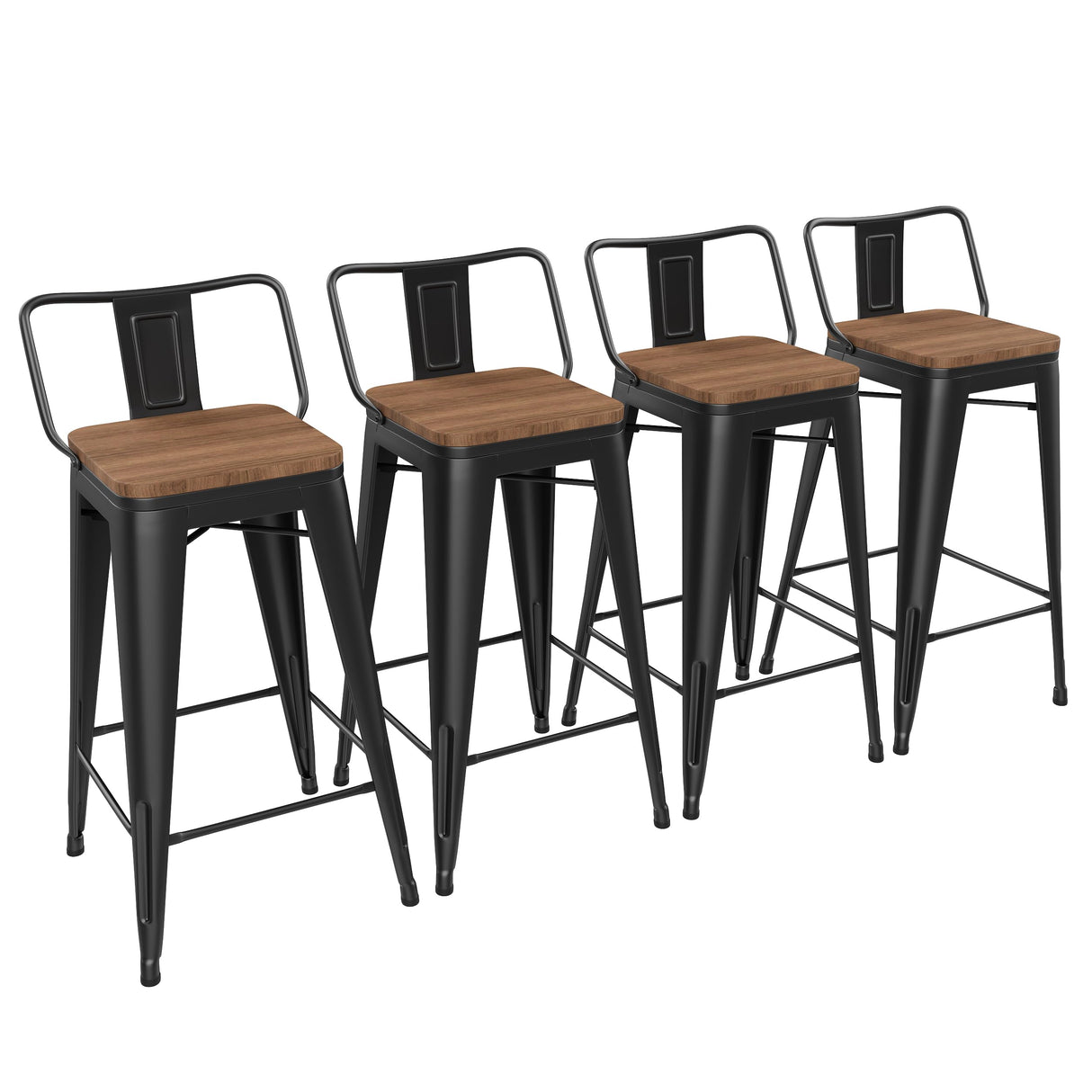 Yongchuang 24" Metal Barstools Set of 4 Counter Bar Stools with Wood Top Low Back Matte Black Yongchuang