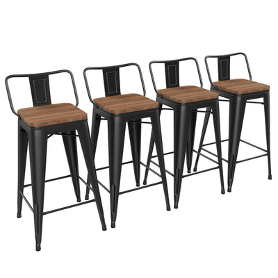 Yongchuang 24" Metal Barstools Set of 4 Counter Bar Stools with Wood Top Low Back Matte Black