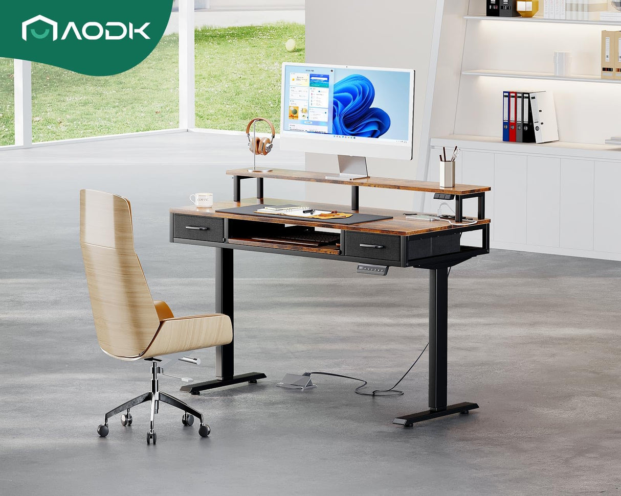 AODK Electric Standing Desk with 2 Drawers & Keyboard Tray and USB & LED Lights, 47inch Rustic Brown, Height Adjustable Desk with Power Outlets & LED Lights, Stand Up Desk with Monitor Shelf AODK
