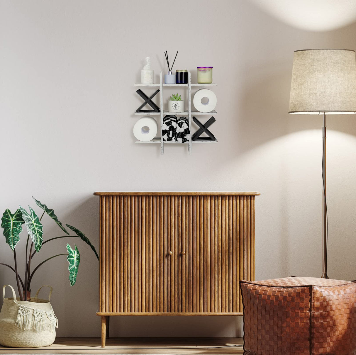 Weysat Tic Tac Toe Toilet Paper Holder Stand Bathroom Wall Decor Rustic Wooden Hanging Storage Freestanding Wall Mounted Shelves Decor for Toilet Tissue Farmhouse Weysat