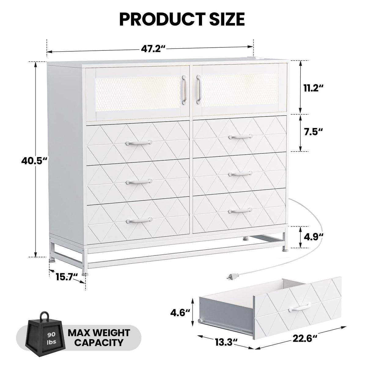 White Dresser for Bedroom with 6 Drawers 2-Door Storage Cabinet Dressers & Chest of Drawers with Charging Station and LED Lights, 8 Drawers Tall Dressers for Bedroom,Living Room,Hallway,Closet Takywep