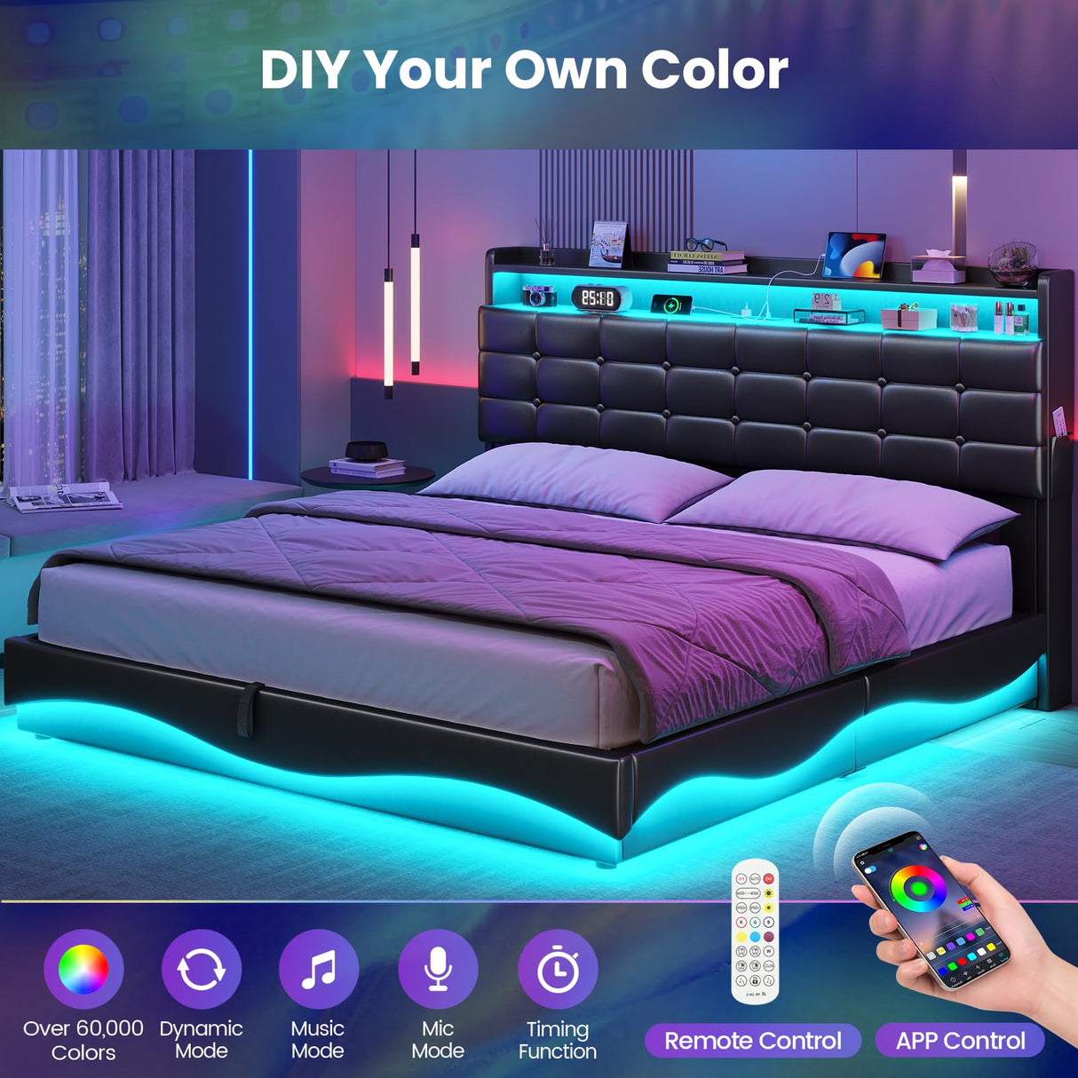 BTHFST Queen Bed Frame with Lift Up Storage, Charging Station & RGB Lights Headboard, PU Leather Upholstered Bed, No Box Spring Needed, Hydraulic Storage, Heavy Duty Wooden Slats, PU Black BTHFST