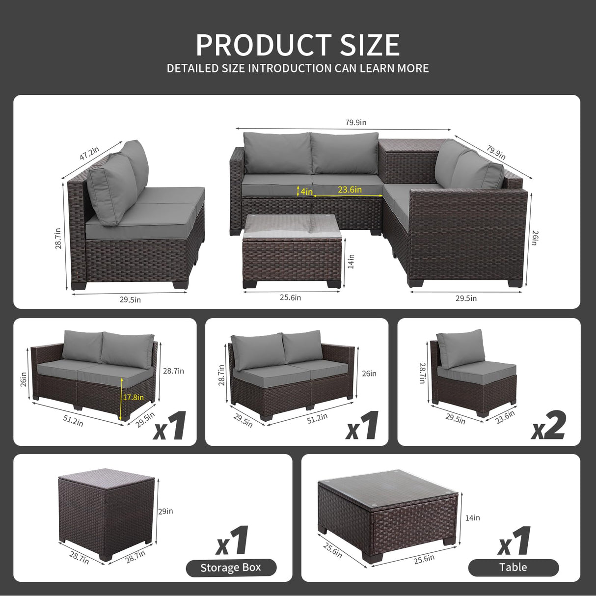 WAROOM 6 Pieces Patio Furniture Set PE Wicker Outdoor Brown Rattan Sectional Sofa Loveseat Couch Conversation Sets with Storage Bin Coffee Table, Anti-Slip Grey Cushion WAROOM