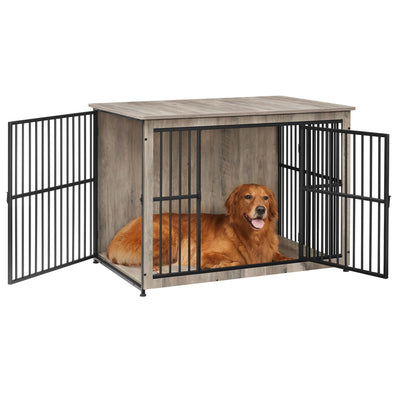 Feandrea Dog Crate Furniture, 43.3" Side End Table, Modern Kennel for Dogs Indoor up to 80 lb, Heavy-Duty Dog Cage with Enclosed Base, Double-Door Dog House, Heather Greige UPFC024G01
