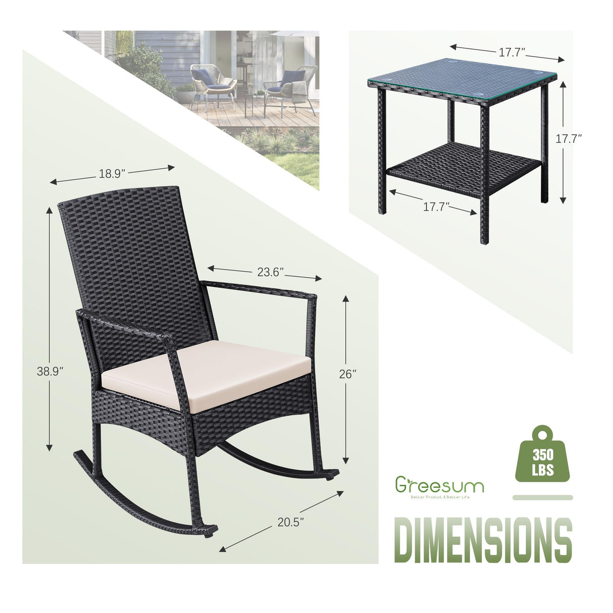 Greesum 3 Pieces Patio Furniture Set Outdoor Wicker Rocking Chairs with Glass Coffee Table for Garden Backyard Porch Poolside, Beige Greesum