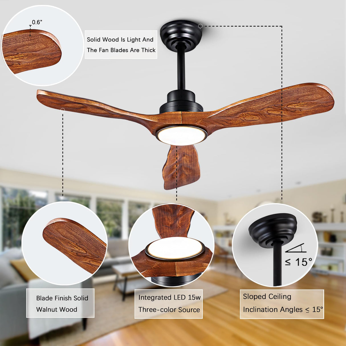 42” Ceiling Fan with Lights and Remote Control Ceiling Fan, Wooden Ceiling Fan with Lights Silent Reversible DC Motor with 3 Blades for Farmhouse, Living Room, Bedroom, Office. (Black + Walnut) ducrew