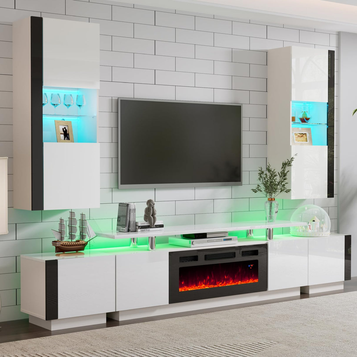AMERLIFE Wall Unit Entertainment Center with Fireplace & Bookshelves, Includes 70" 2-Tier Fireplace TV Stand, 2 x Wall Cabinets & End Tables, Modern LED Lights TV Console for Living Room, White AMERLIFE