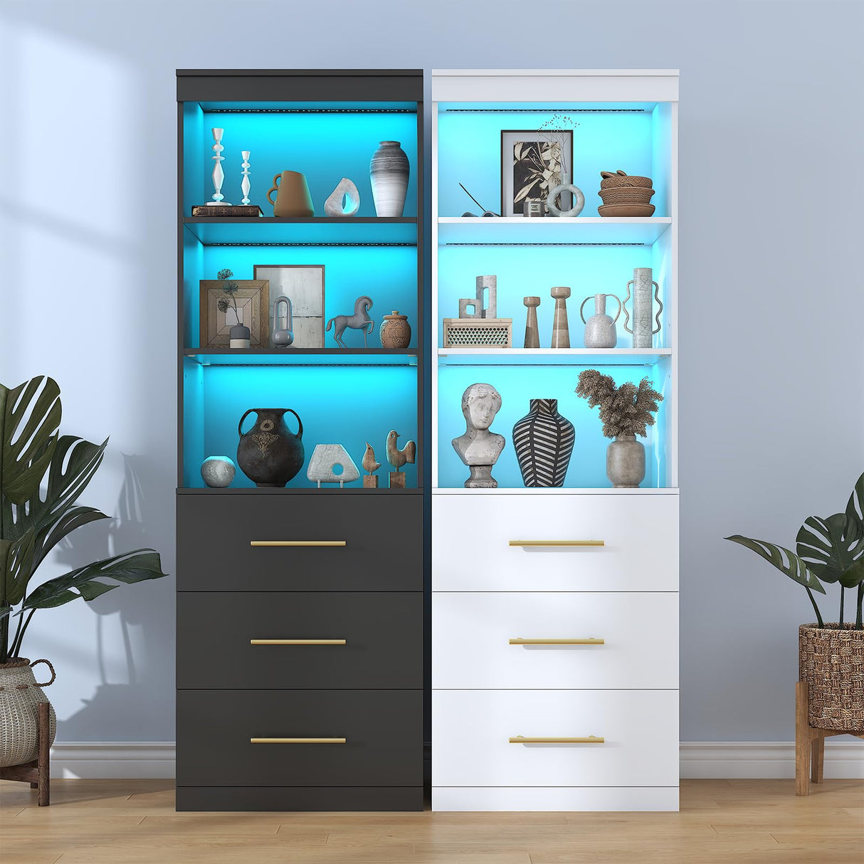 Winkalon 71“H Black Bookshelf with LED Light, Bookcase and Bookshelf with Drawers, Tall Bookcase Tall Storage Cabinet 3-Tier Open Shelves for Home Office Living Room Bedroom Winkalon