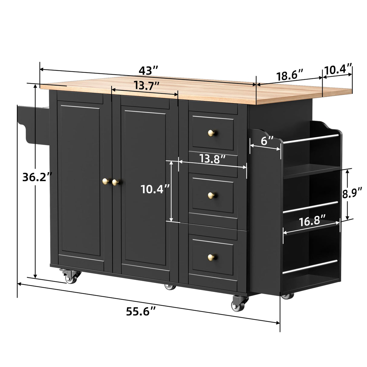 55.6“ Kitchen Island On Wheels, Rolling Kitchen Island Cart with Drop Leaf, Kitchen Storage Cabinet with 3 Drawers and Inner Adjustable Shelves for Dining Room/Living Room, Towel Rack Spice Cart Black VALONDINO