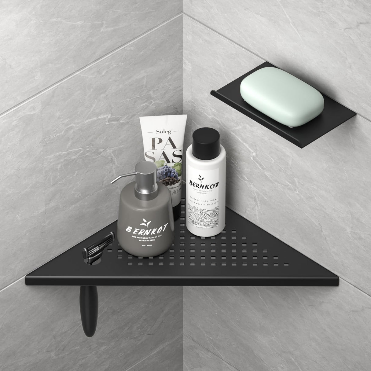 Bernkot 10'' Corner Shower Shelf w/Soap Holder, 304 Stainless Steel Grout in Shelf for Bathroom, Recessed Shelf Rack for Tiled Wall, No Drilling Needed (Black) Bernkot