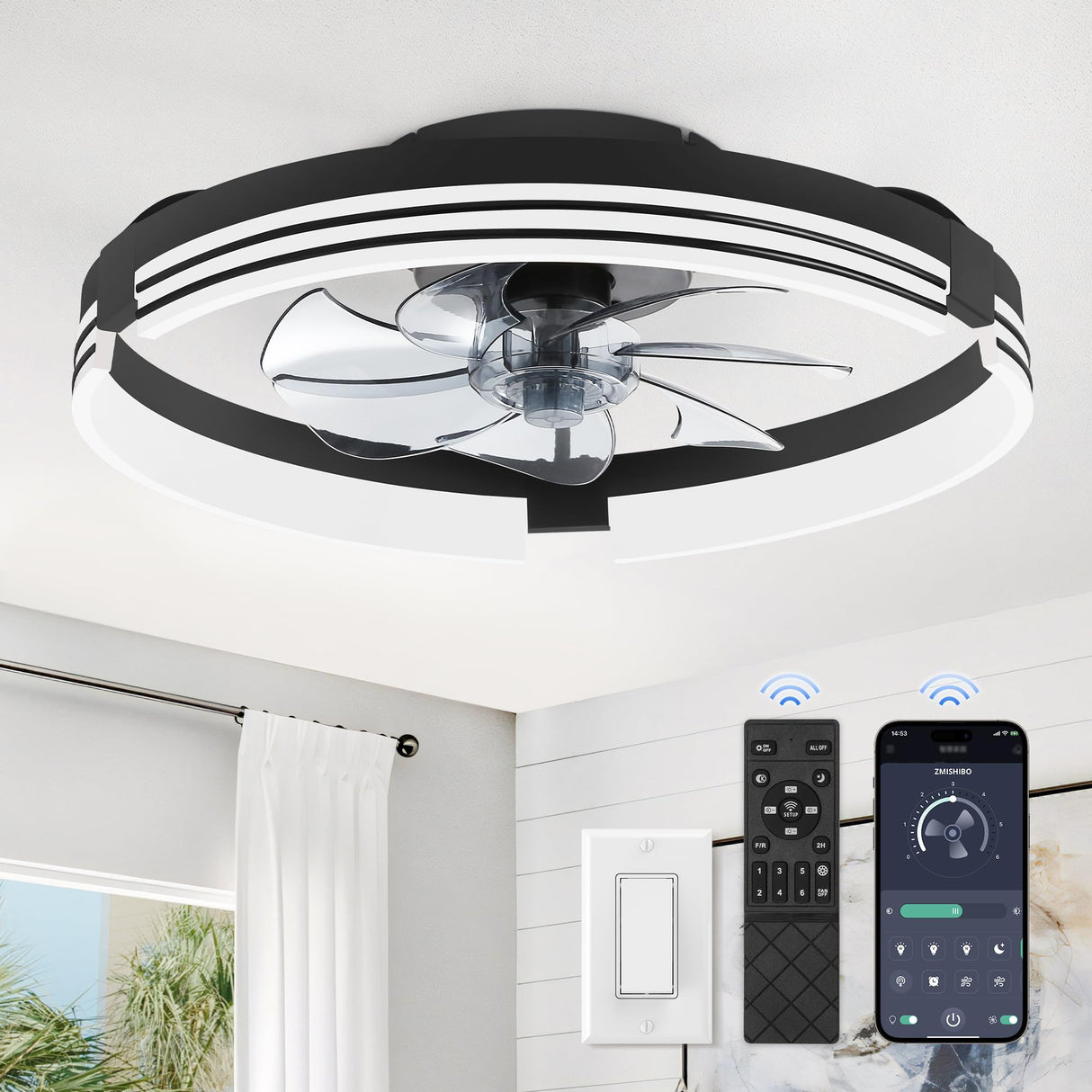 ZMISHIBO Low Profile Ceiling Fans with Lights and Remote, 20 Inch Flush Mount Ceiling Fan with Light, 3000K-6000K Dimmable Fandelier LED Fan Light, 6 Wind Speeds Black Ceiling Fans for Bedroom ZMISHIBO